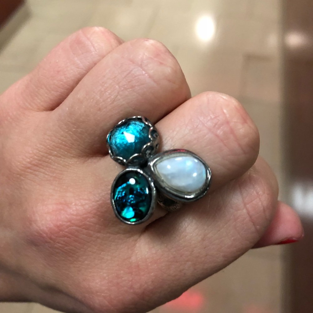 NWT new blue green pearl silver trio stone ring 7